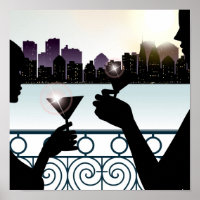 Silhouette of a couple toasting martini glasses
