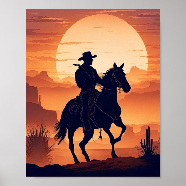 Silhouette of a Cowboy on Horseback in Desert Poster (Front)