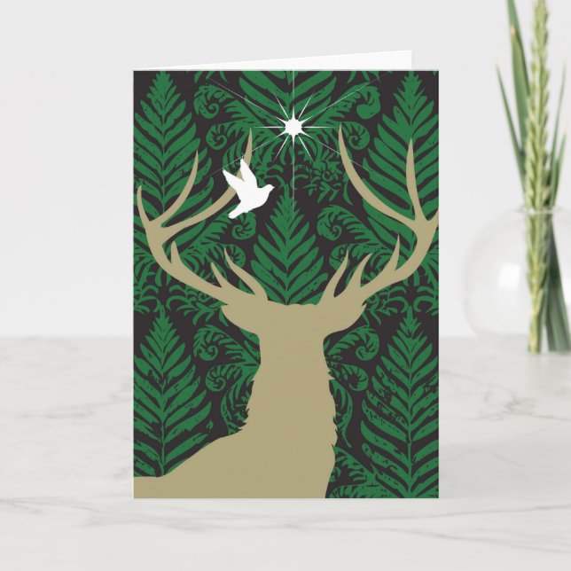 Silhouette of a deer, a dove and a star against a holiday card (Front)