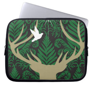 Silhouette of a deer, a dove and a star against a laptop sleeve
