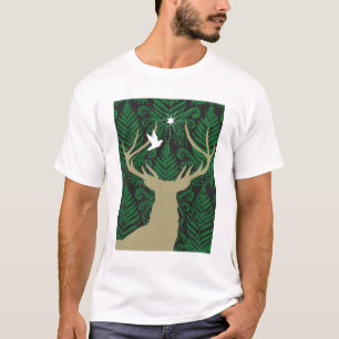 Silhouette of a deer, a dove and a star against a T-Shirt