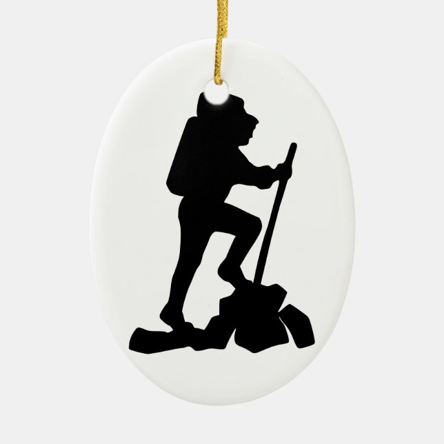 Silhouette of a Hiker Hiking Up a Mountain Ceramic Tree Decoration (Front)