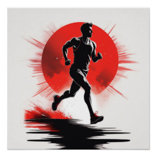 Silhouette of a Runner with Red Sun Poster