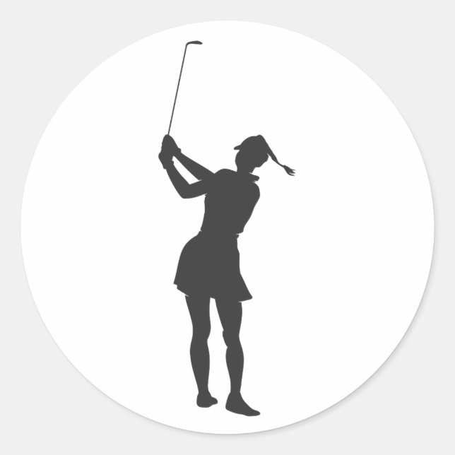 Silhouette of a woman playing golf classic round sticker (Front)
