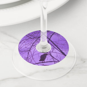 Silhouette of Black Crow in Tree Branches Purple Wine Glass Tag