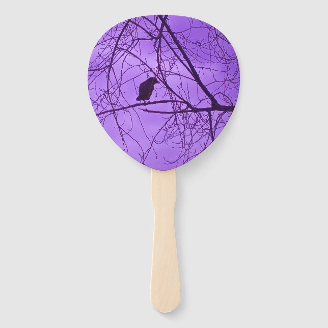 Silhouette of Black Crow Sitting in Trees Purple Hand Fan (Front)
