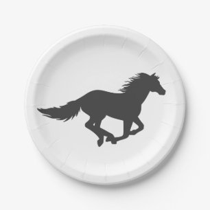 Silhouette of black running horse paper plate