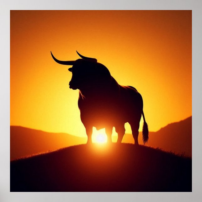Silhouette of Bull and Sunset Poster (Front)