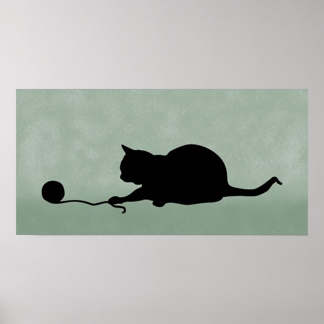 Silhouette of Cat at Play Black on Muted Green Poster (Front)