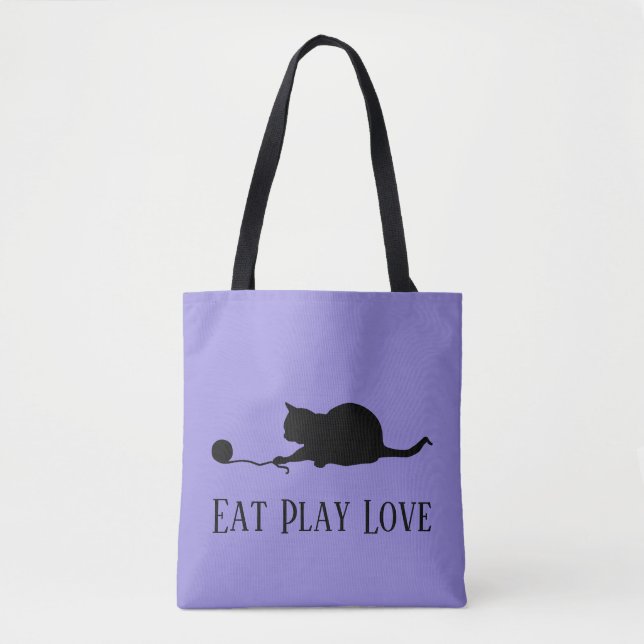 Silhouette of Cat at Play "Eat Play Love" Tote Bag (Front)