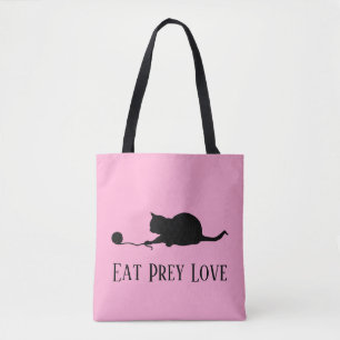 Silhouette of Cat at Play "Eat Prey Love" Tote Bag