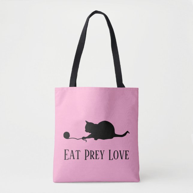 Silhouette of Cat at Play "Eat Prey Love" Tote Bag (Front)