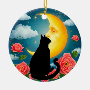 Silhouette Of Cat Sitting Before Moon Ceramic Tree Decoration