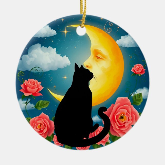 Silhouette Of Cat Sitting Before Moon Ceramic Tree Decoration (Front)