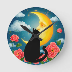 Silhouette Of Cat Sitting Before Moon Round Clock