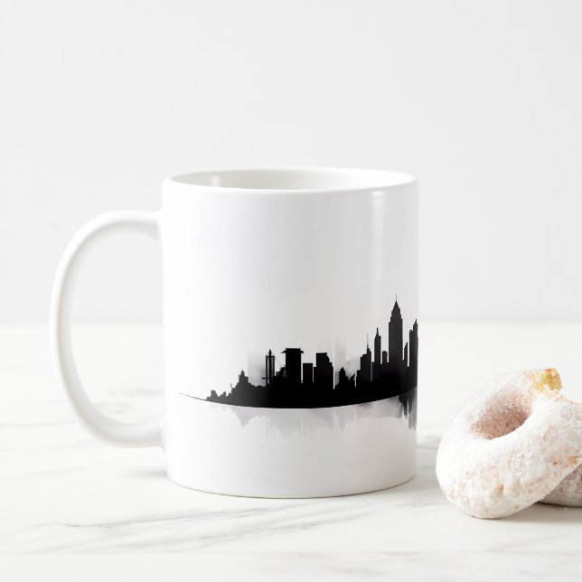 Silhouette Of City On Paint Style Coffee Mug (With Donut)