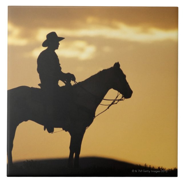 Silhouette of cowboy on horseback at sunset or tile (Front)