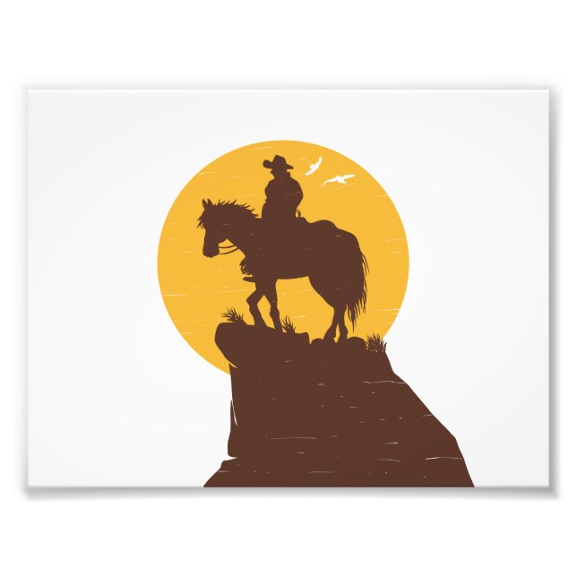 Silhouette of cowboy riding horse at sunset photo print (Front)
