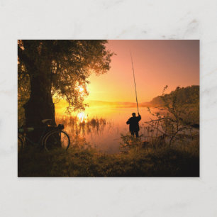 Silhouette of Fisherman on Lake at Sunset Postcard