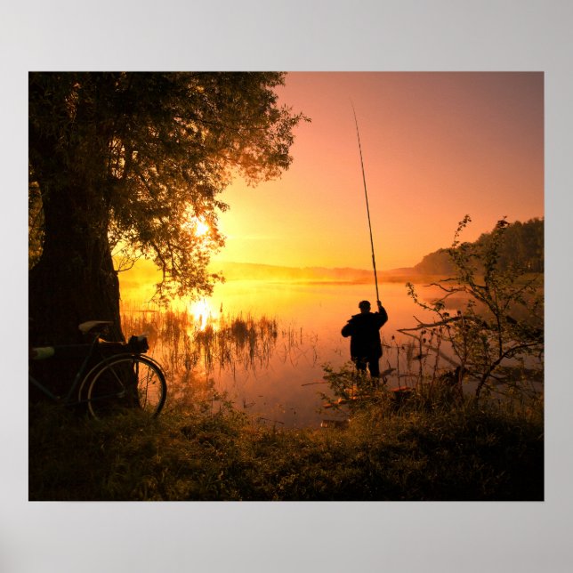 Silhouette of Fisherman on Lake at Sunset Poster (Front)