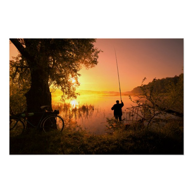 Silhouette of Fisherman on Lake at Sunset Poster (Front)