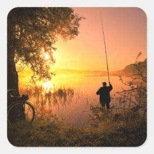 Silhouette of Fisherman on Lake at Sunset Square Sticker