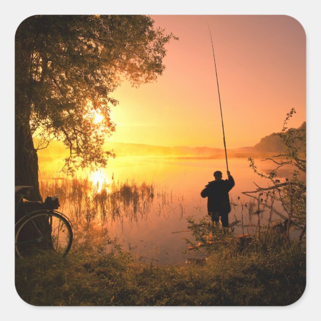 Silhouette of Fisherman on Lake at Sunset Square Sticker (Front)