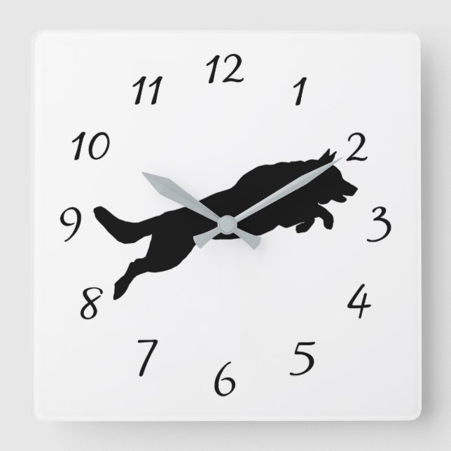 Silhouette of German Shepherd Dog Jumping over Square Wall Clock (Front)