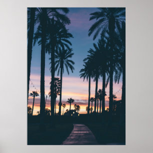 Silhouette of houses beside palm trees and pathway poster