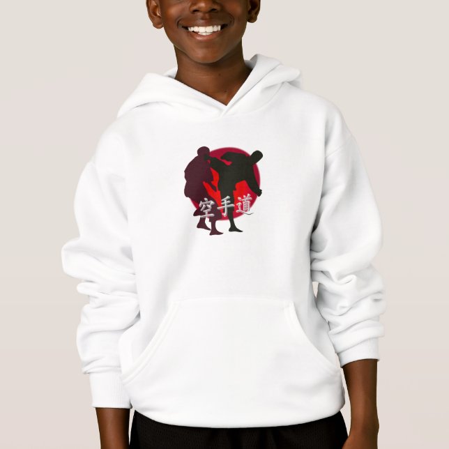 Silhouette of Karate fight, red circle background. (Front)