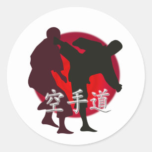 Silhouette of Karate fight, red circle background. Classic Round Sticker