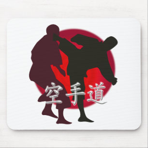 Silhouette of Karate fight, red circle background. Mouse Mat