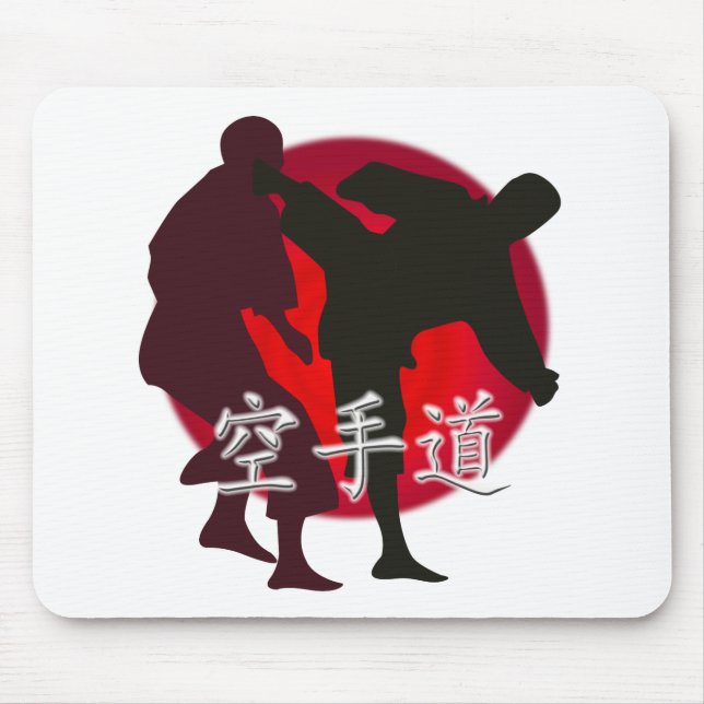 Silhouette of Karate fight, red circle background. Mouse Mat (Front)