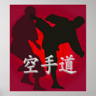 Silhouette of Karate Fighters on a Red Background Poster