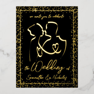 Silhouette of Lovers in Black & Gold Wedding  Foil Invitation Postcard