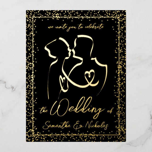 Silhouette of Lovers in Black & Gold Wedding  Foil Invitation Postcard (Front)
