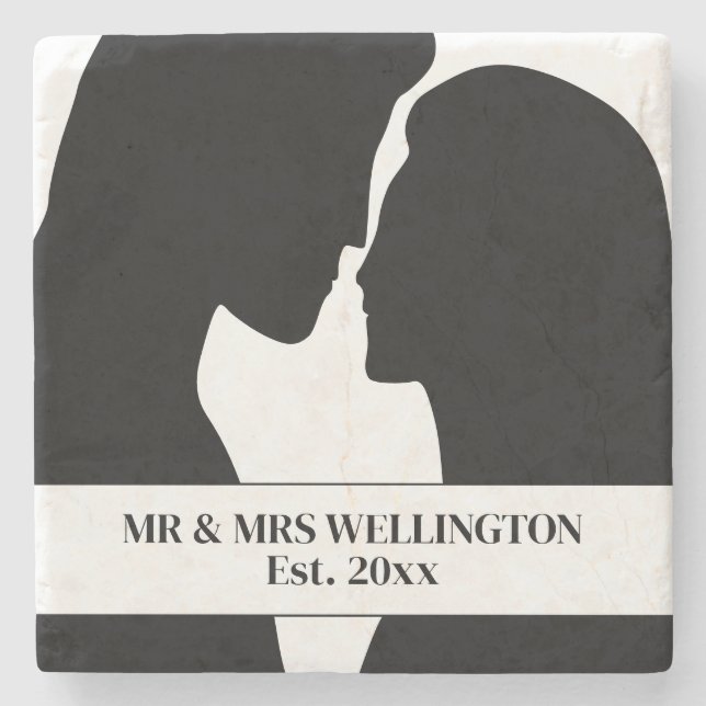 Silhouette of man and woman romantically kissing stone coaster (Front)