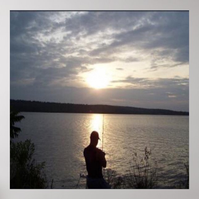 Silhouette of man fishing at sunset poster (Front)