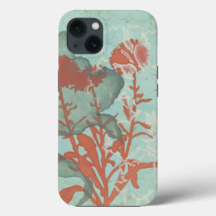 Silhouette of Red Flowers on Teal Background iPhone 13 Case