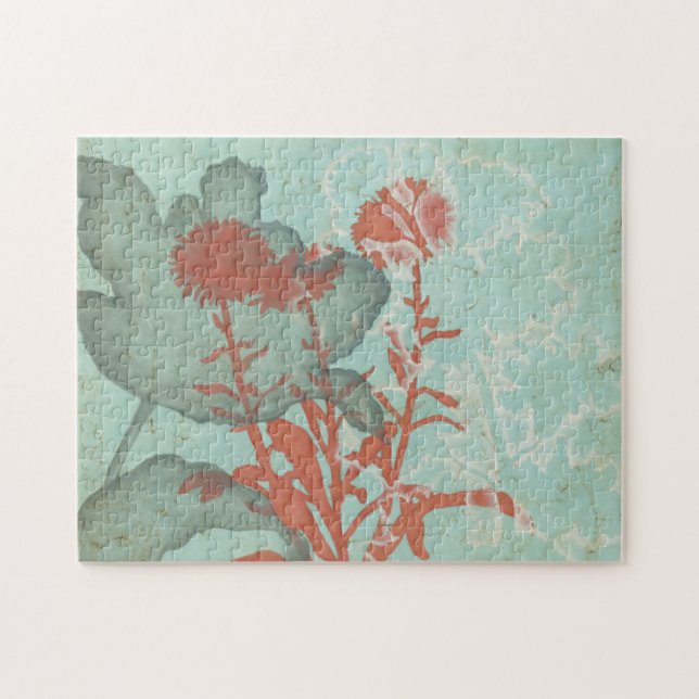 Silhouette of Red Flowers on Teal Background Jigsaw Puzzle (Horizontal)