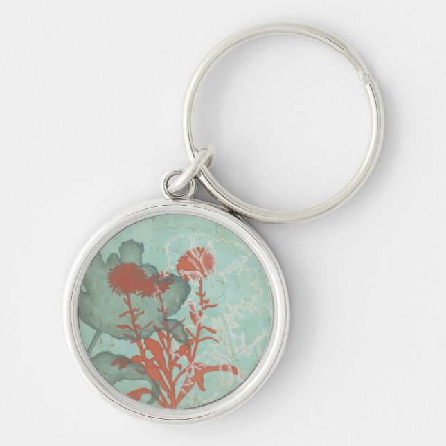 Silhouette of Red Flowers on Teal Background Key Ring (Front)