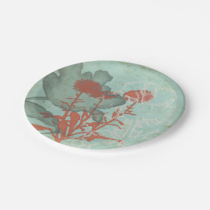 Silhouette of Red Flowers on Teal Background Paper Plate
