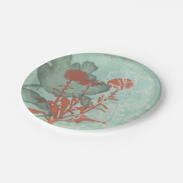 Silhouette of Red Flowers on Teal Background Paper Plate (Angled)