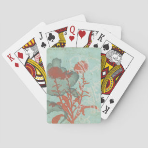 Silhouette of Red Flowers on Teal Background Playing Cards