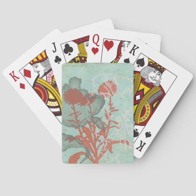 Silhouette of Red Flowers on Teal Background Playing Cards (Back)