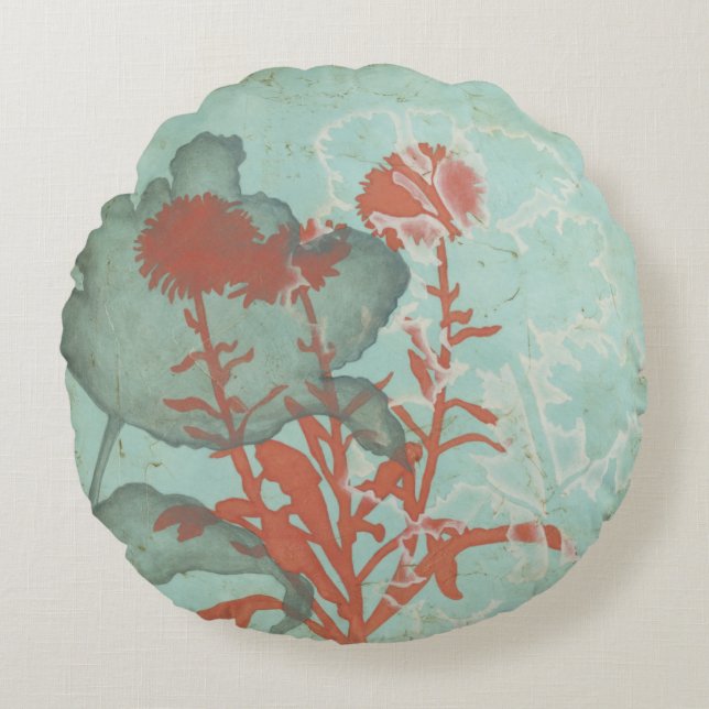 Silhouette of Red Flowers on Teal Background Round Cushion (Front)
