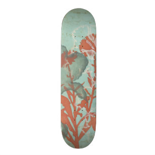 Silhouette of Red Flowers on Teal Background Skateboard