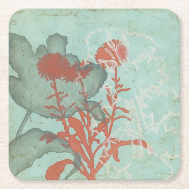 Silhouette of Red Flowers on Teal Background Square Paper Coaster (Front)