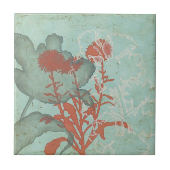 Silhouette of Red Flowers on Teal Background Tile (Front)