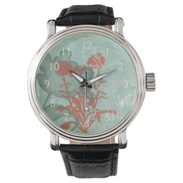 Silhouette of Red Flowers on Teal Background Watch (Front)